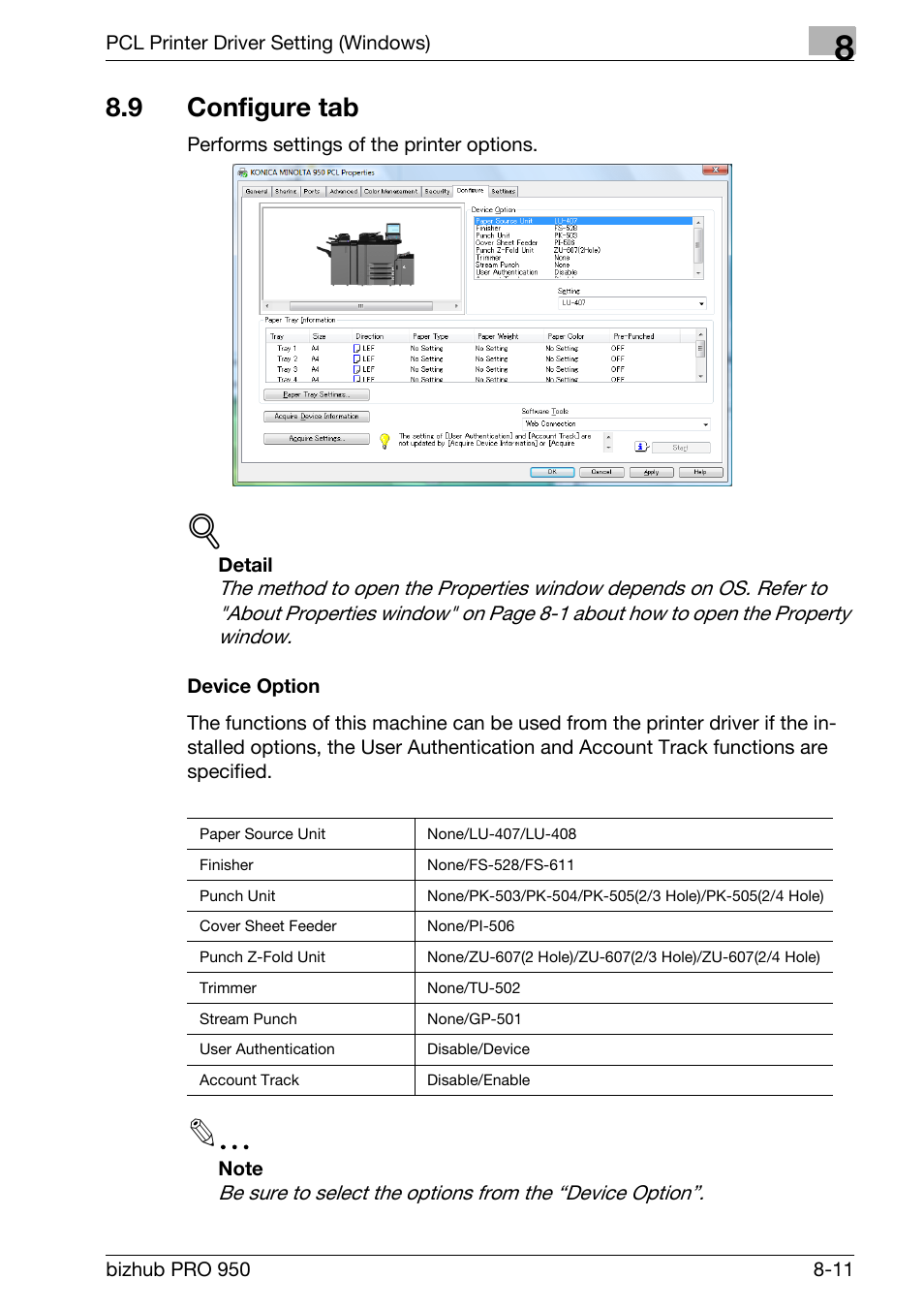 9 configure tab, Device option, Configure tab -11 | Konica Minolta bizhub PRO 950 User Manual | Page 128 / 320