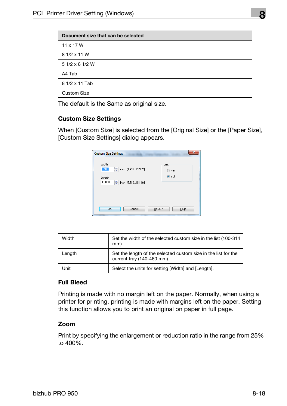 Custom size settings, Full bleed, Zoom | Konica Minolta bizhub PRO 950 User Manual | Page 135 / 320