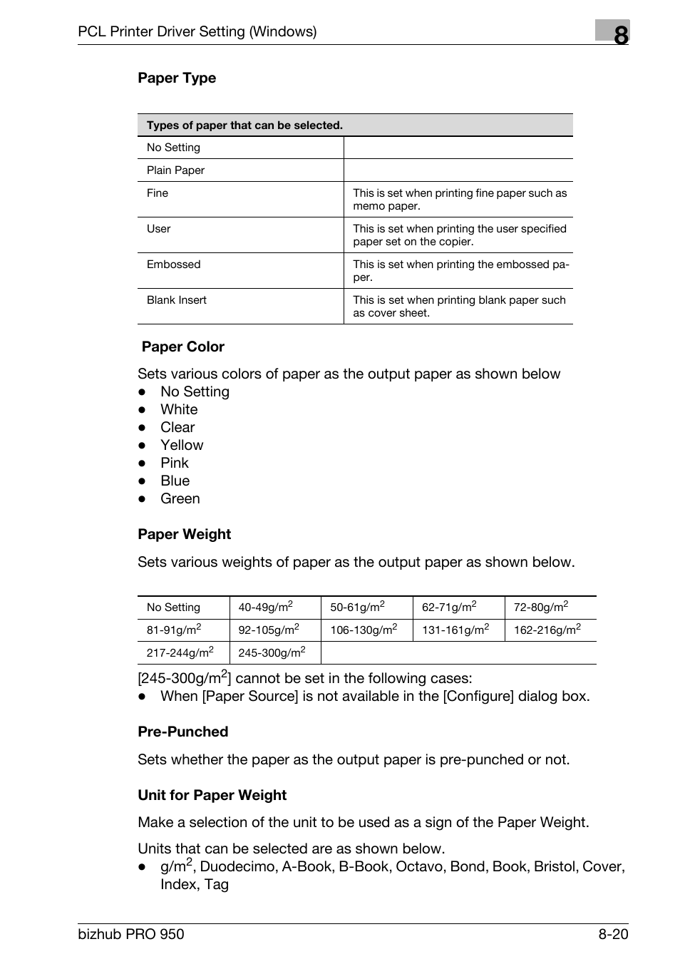 Paper type, Paper color, Paper weight | Pre-punched, Unit for paper weight | Konica Minolta bizhub PRO 950 User Manual | Page 137 / 320