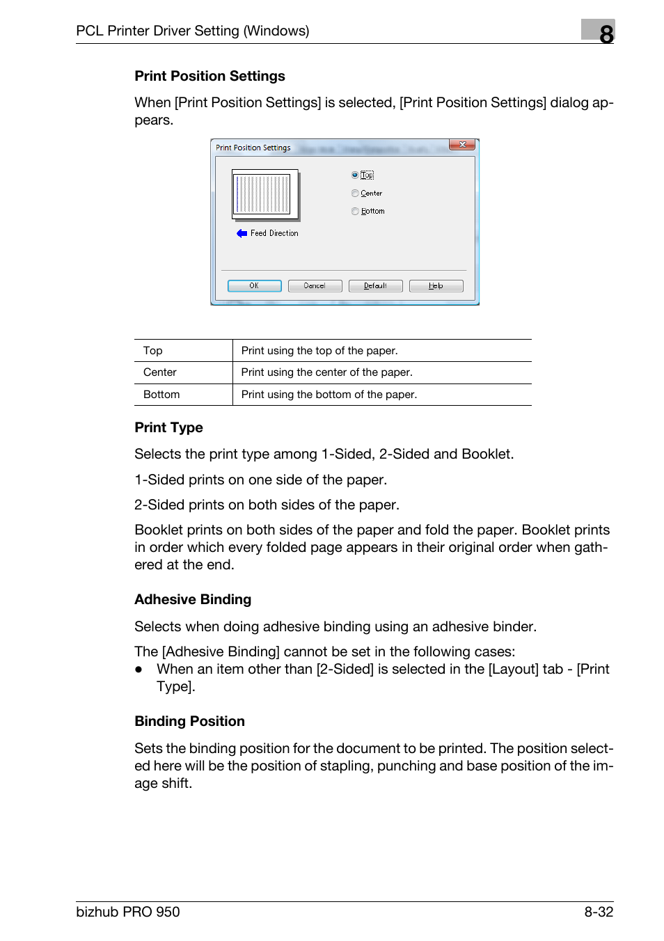 Print position settings, Print type, Adhesive binding | Binding position | Konica Minolta bizhub PRO 950 User Manual | Page 149 / 320