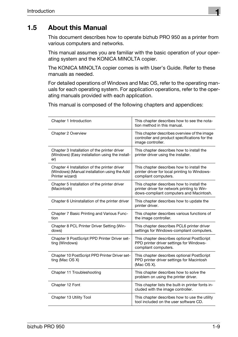 5 about this manual, About this manual -9 | Konica Minolta bizhub PRO 950 User Manual | Page 15 / 320