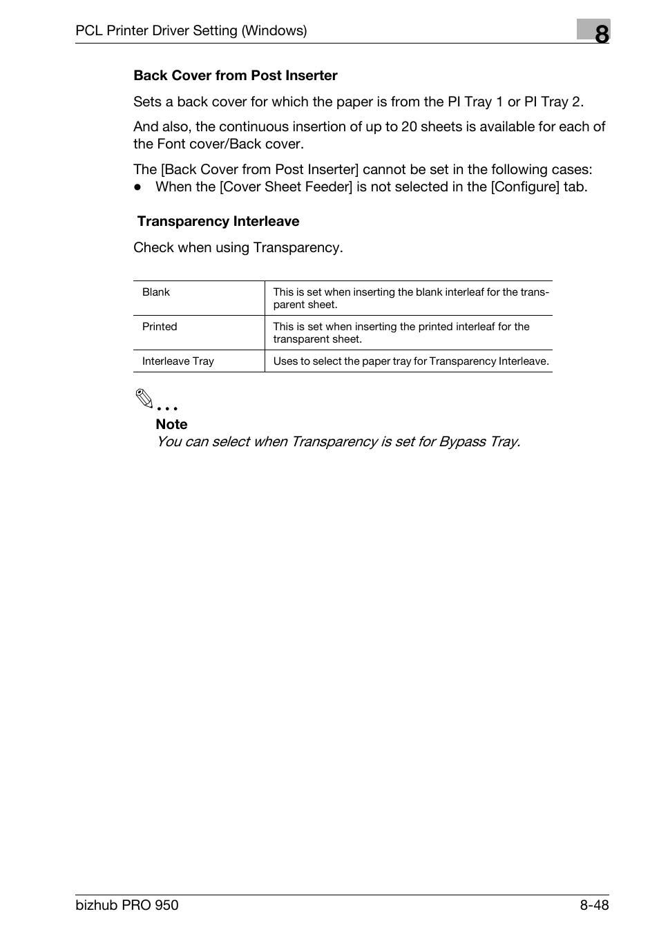 Back cover from post inserter, Transparency interleave | Konica Minolta bizhub PRO 950 User Manual | Page 165 / 320