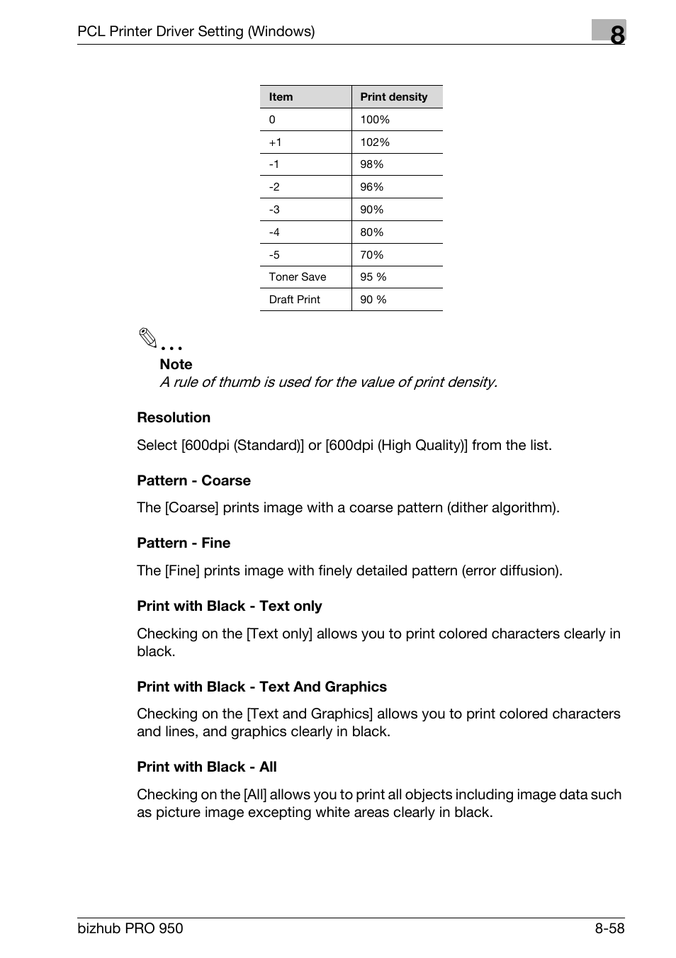 Resolution, Pattern - coarse, Pattern - fine | Print with black - text only, Print with black - text and graphics, Print with black - all | Konica Minolta bizhub PRO 950 User Manual | Page 175 / 320