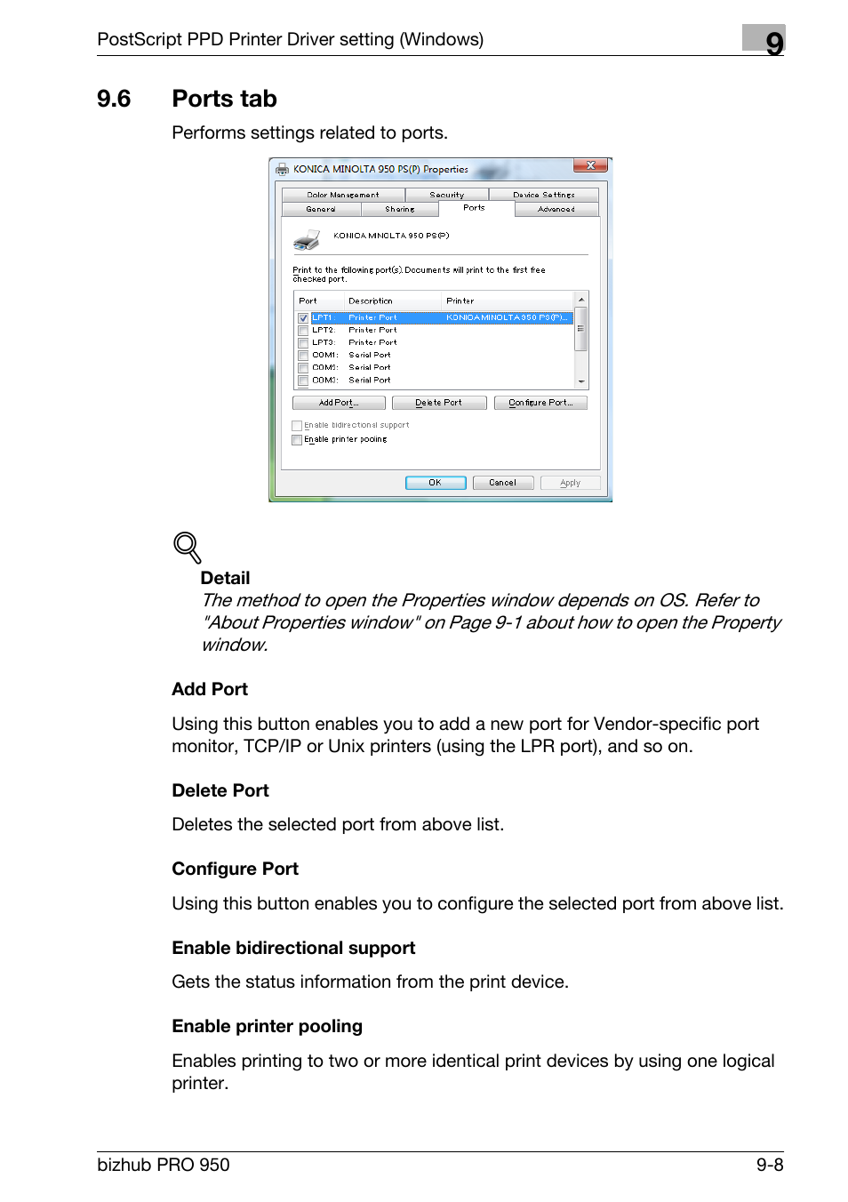 6 ports tab, Add port, Delete port | Configure port, Enable bidirectional support, Enable printer pooling, Ports tab -8 | Konica Minolta bizhub PRO 950 User Manual | Page 193 / 320