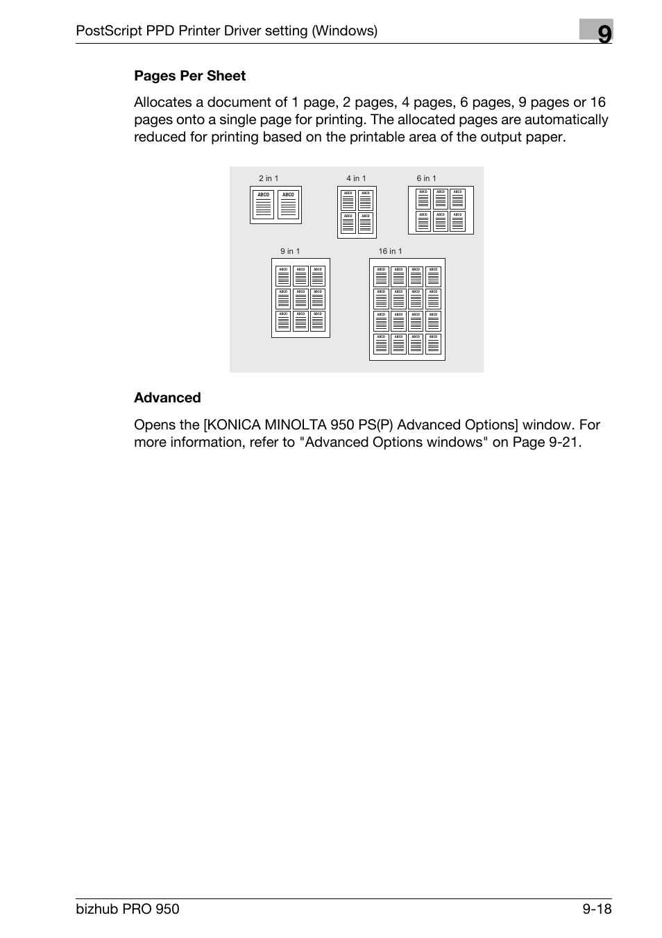 Advanced, Postscript ppd printer driver setting (windows) | Konica Minolta bizhub PRO 950 User Manual | Page 203 / 320