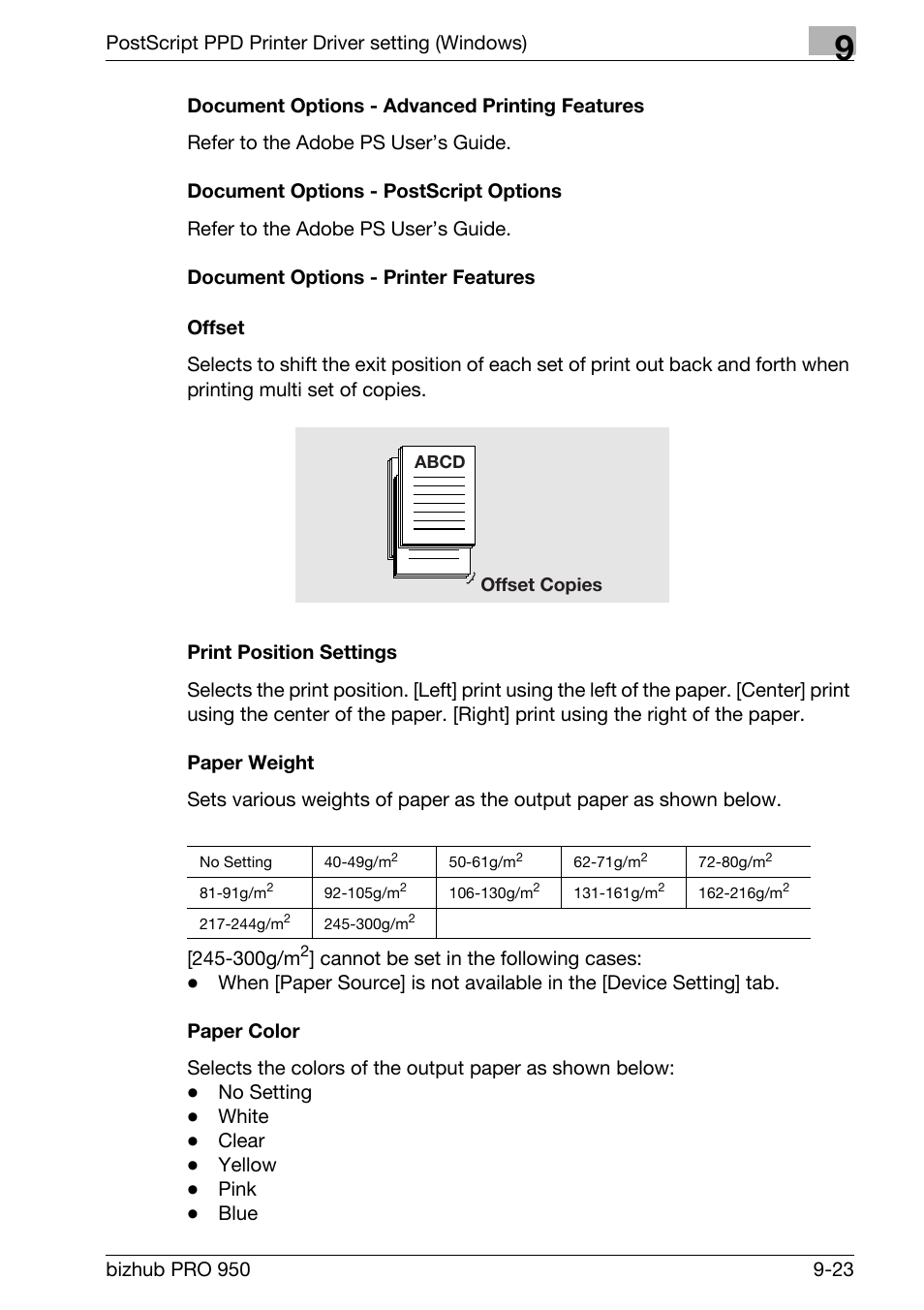 Document options - advanced printing features, Document options - postscript options, Document options - printer features | Offset, Print position settings, Paper weight, Paper color | Konica Minolta bizhub PRO 950 User Manual | Page 208 / 320