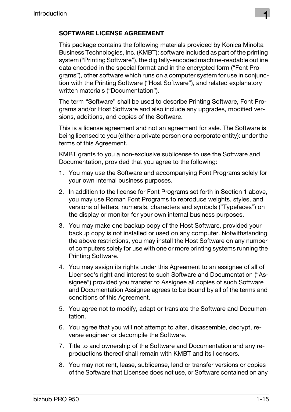 Software license agreement | Konica Minolta bizhub PRO 950 User Manual | Page 21 / 320