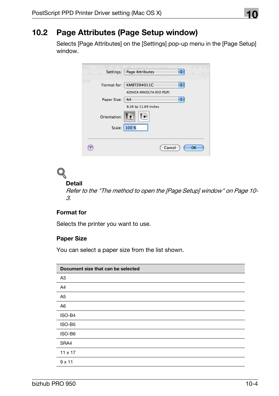 Format for, Paper size, 2 page attributes (page setup window) | Konica Minolta bizhub PRO 950 User Manual | Page 223 / 320