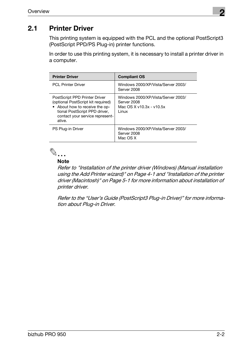 1 printer driver, Printer driver -2 | Konica Minolta bizhub PRO 950 User Manual | Page 24 / 320