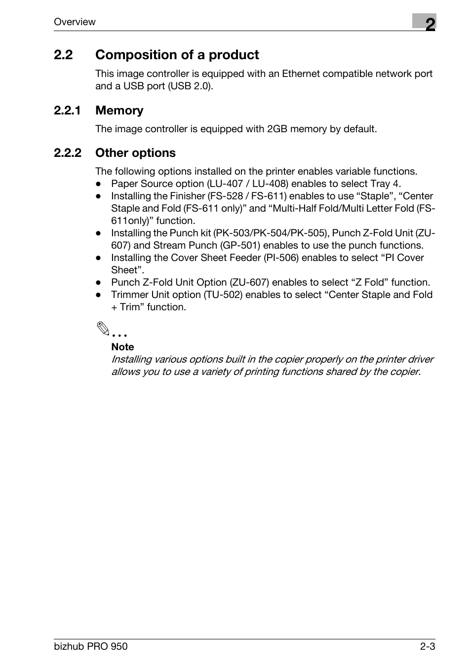 2 composition of a product, 1 memory, 2 other options | Composition of a product -3, Memory -3, Other options -3 | Konica Minolta bizhub PRO 950 User Manual | Page 25 / 320