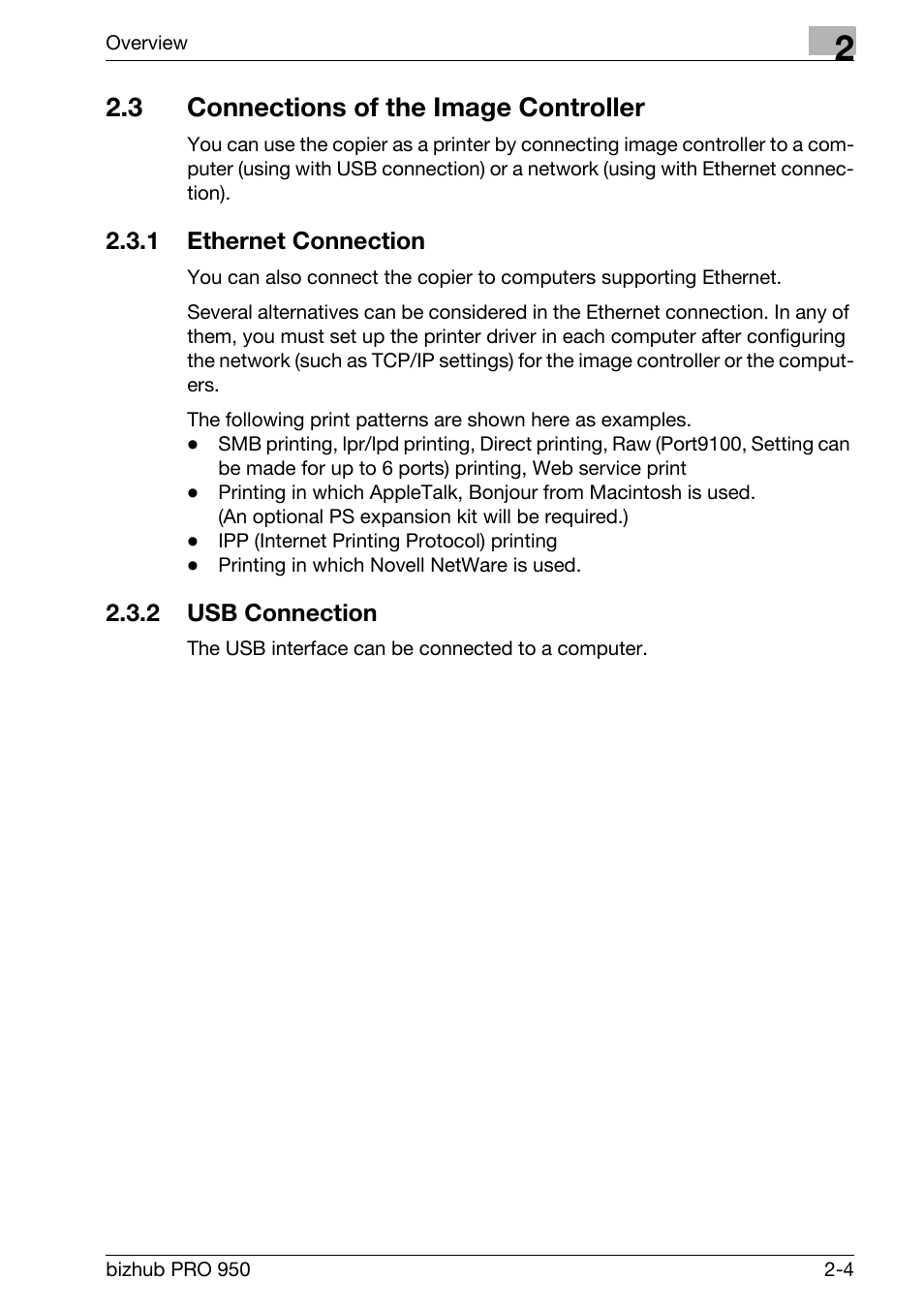 3 connections of the image controller, 1 ethernet connection, 2 usb connection | Connections of the image controller -4, Ethernet connection -4, Usb connection -4 | Konica Minolta bizhub PRO 950 User Manual | Page 26 / 320
