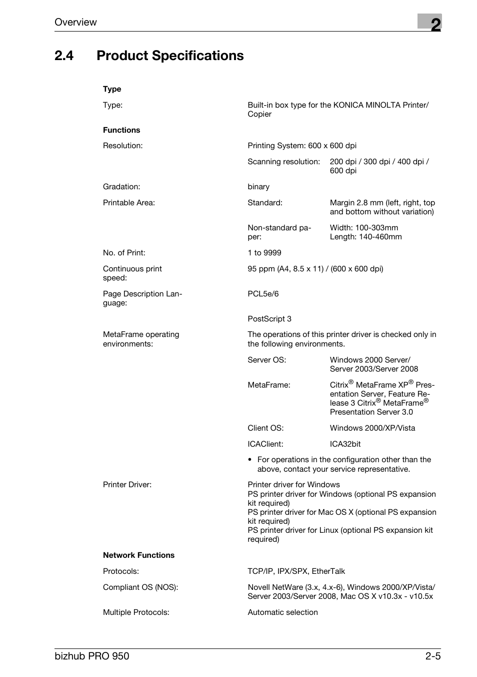 4 product specifications, Product specifications -5, Overview | Konica Minolta bizhub PRO 950 User Manual | Page 27 / 320