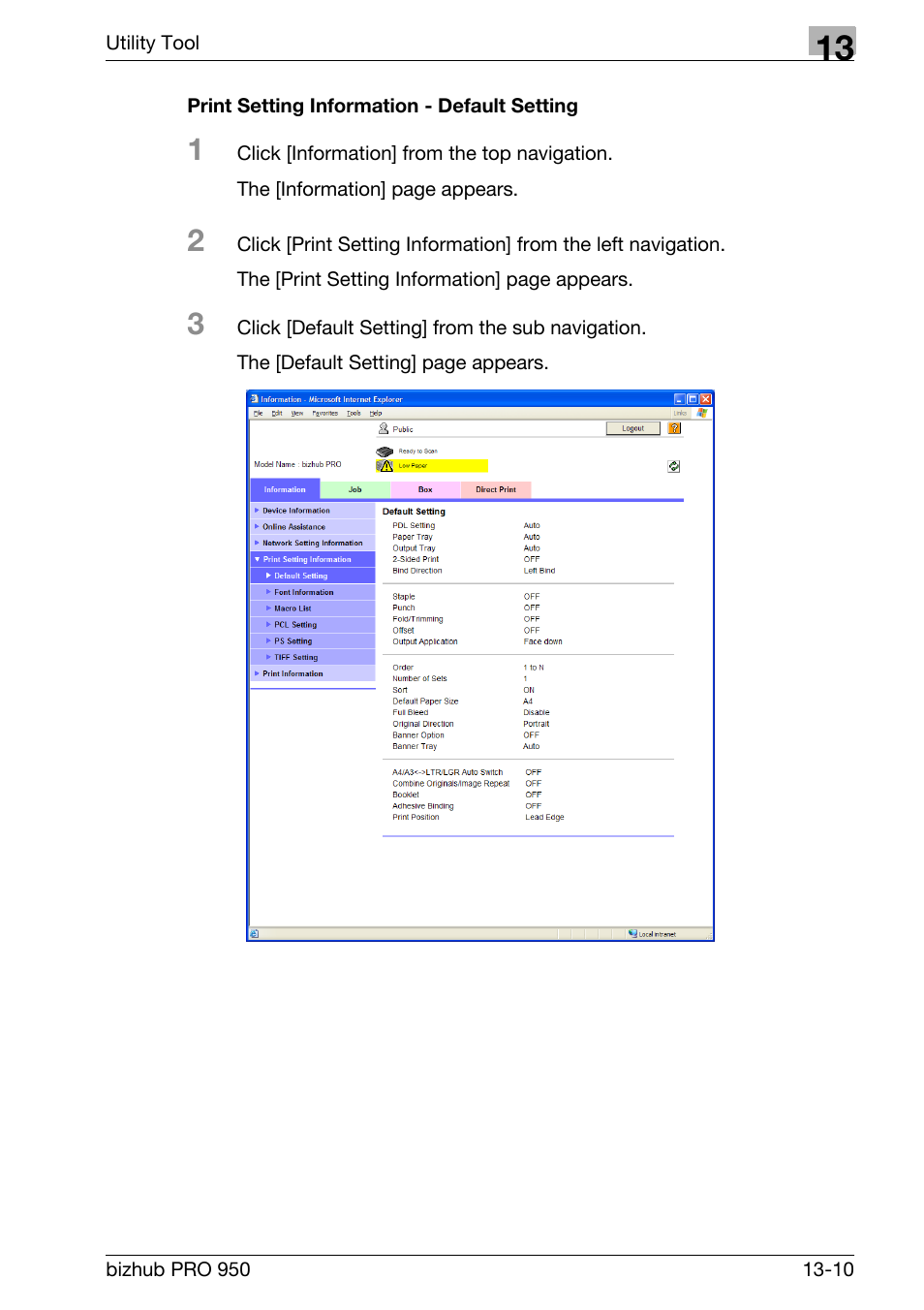 Print setting information - default setting | Konica Minolta bizhub PRO 950 User Manual | Page 277 / 320