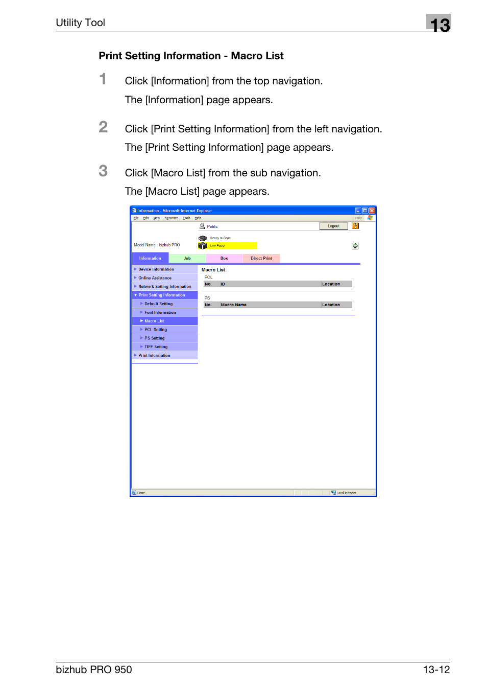 Print setting information - macro list | Konica Minolta bizhub PRO 950 User Manual | Page 279 / 320