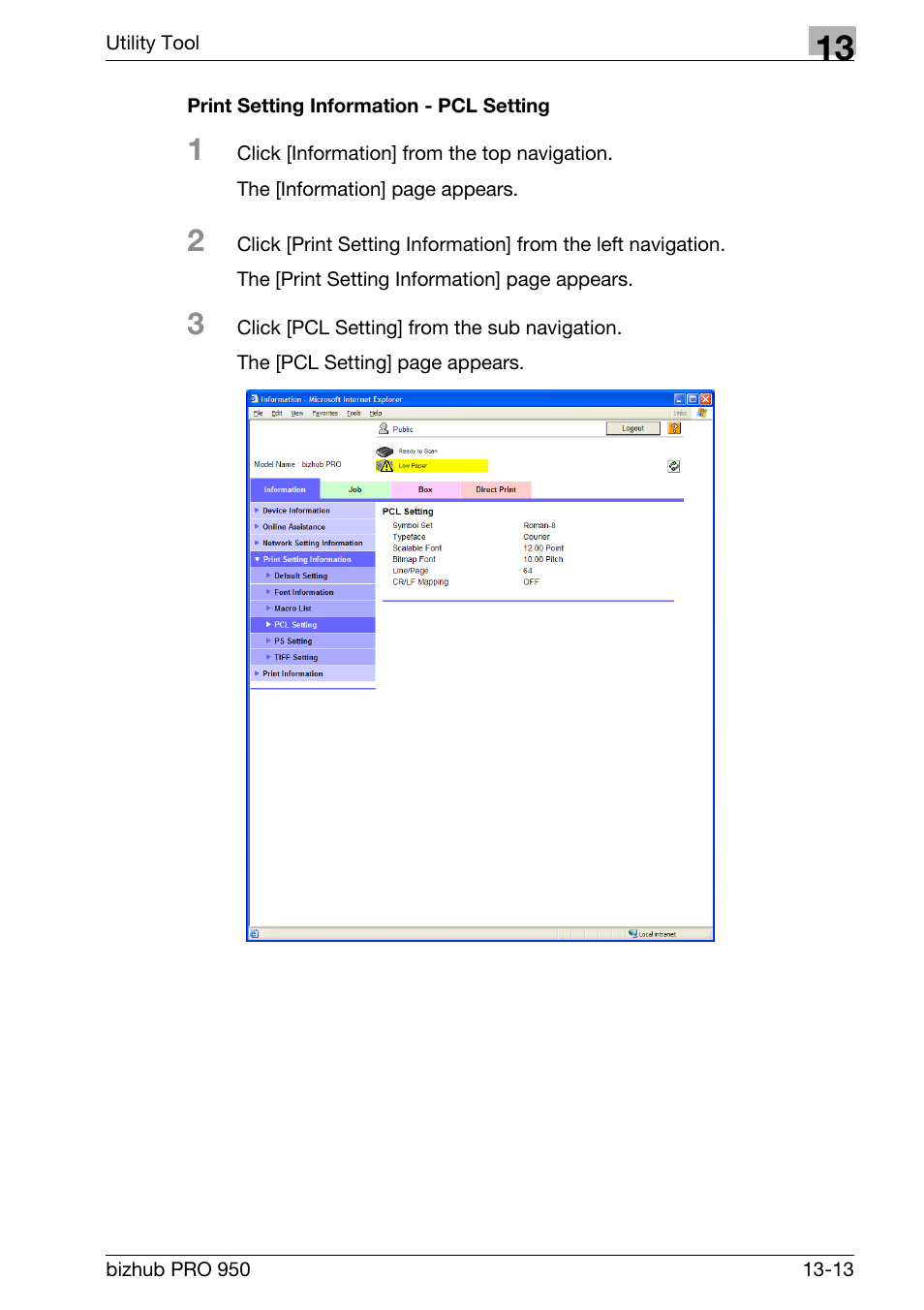 Print setting information - pcl setting | Konica Minolta bizhub PRO 950 User Manual | Page 280 / 320