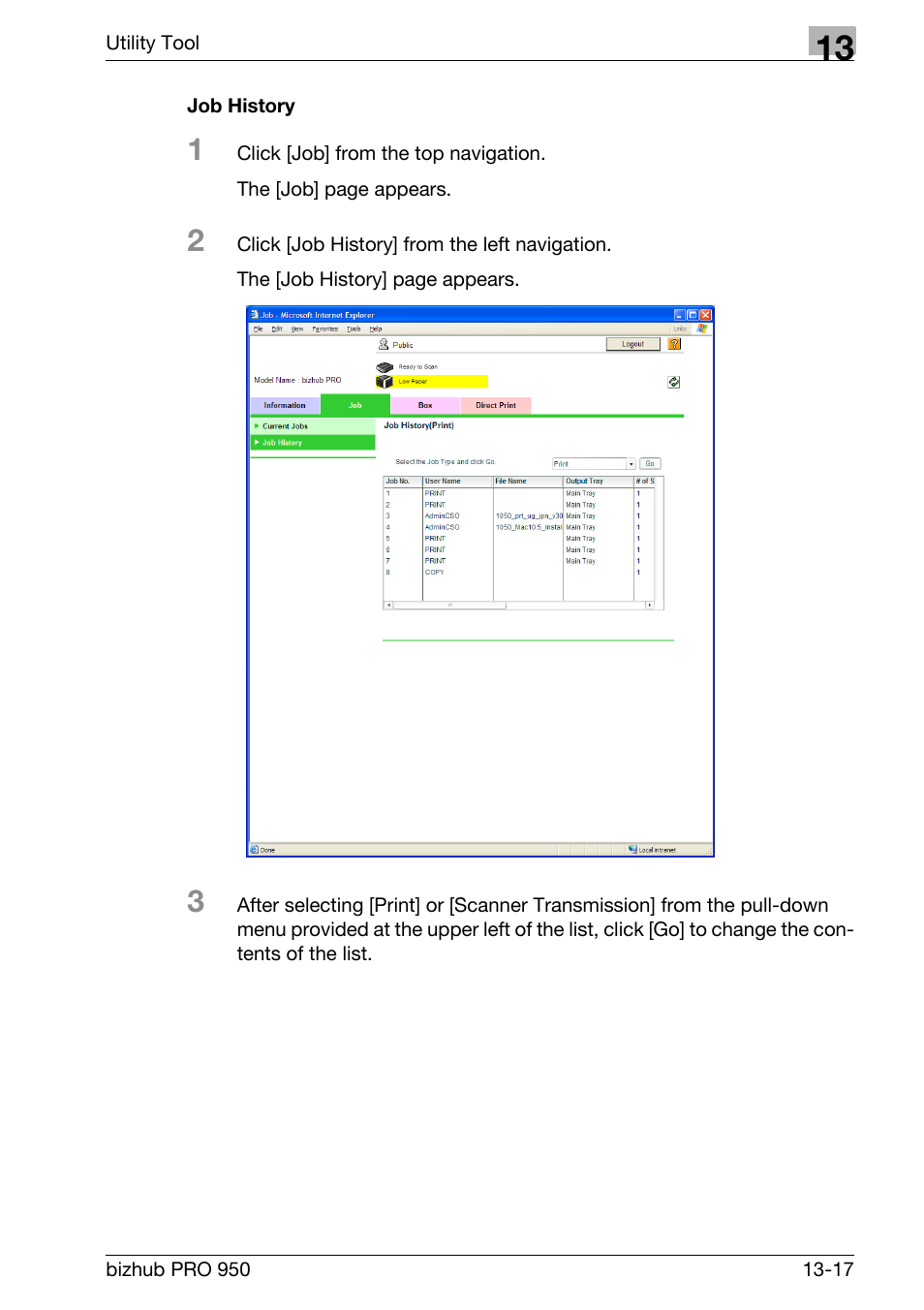 Job history | Konica Minolta bizhub PRO 950 User Manual | Page 284 / 320