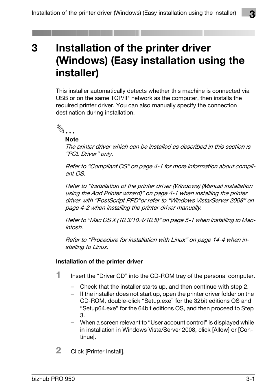 Installation of the printer driver | Konica Minolta bizhub PRO 950 User Manual | Page 29 / 320