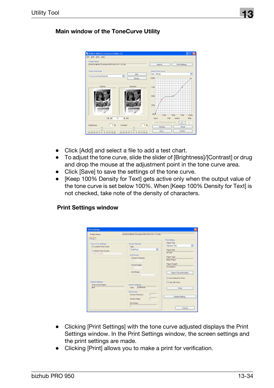 Main window of the tonecurve utility, Print settings window | Konica Minolta bizhub PRO 950 User Manual | Page 301 / 320
