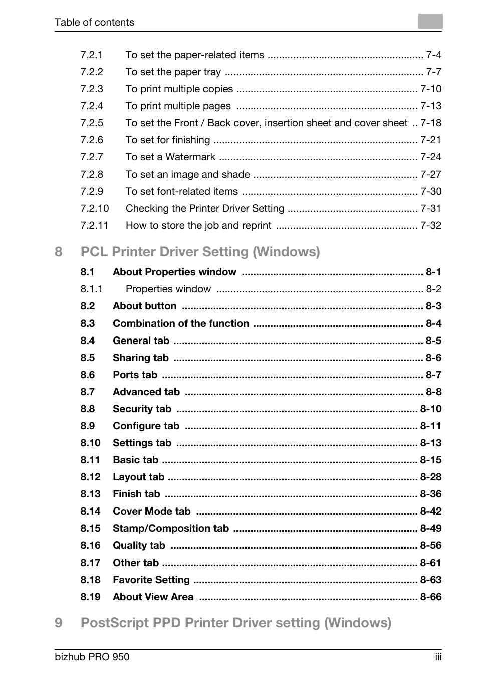 8pcl printer driver setting (windows), 9postscript ppd printer driver setting (windows) | Konica Minolta bizhub PRO 950 User Manual | Page 4 / 320