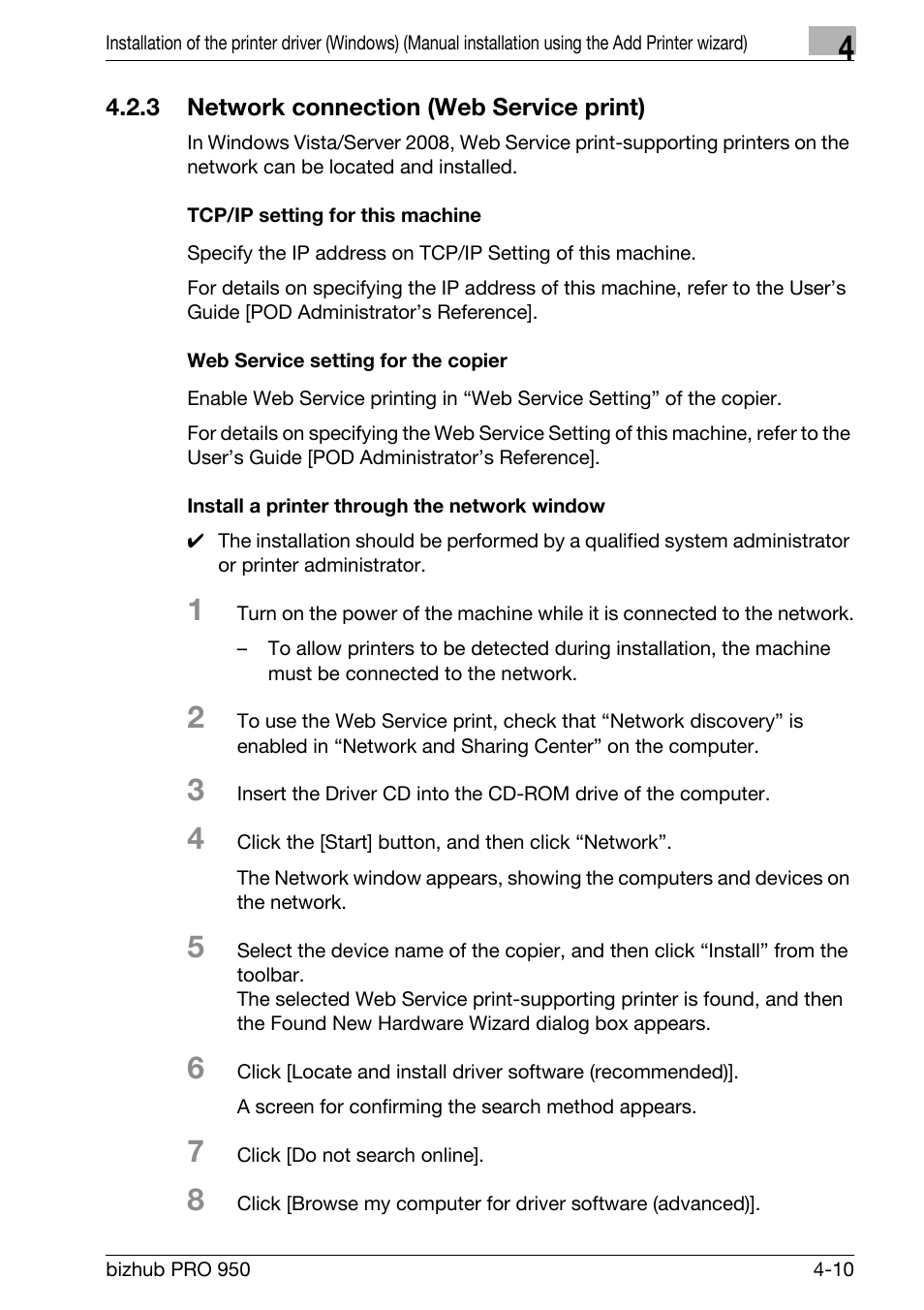 3 network connection (web service print), Tcp/ip setting for this machine, Web service setting for the copier | Install a printer through the network window, Network connection (web service print) -10 | Konica Minolta bizhub PRO 950 User Manual | Page 42 / 320
