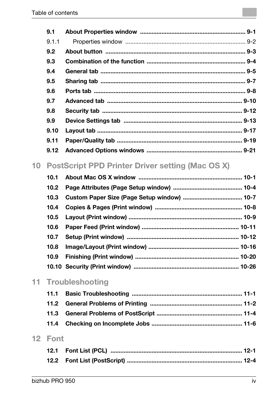 11 troubleshooting, 12 font | Konica Minolta bizhub PRO 950 User Manual | Page 5 / 320