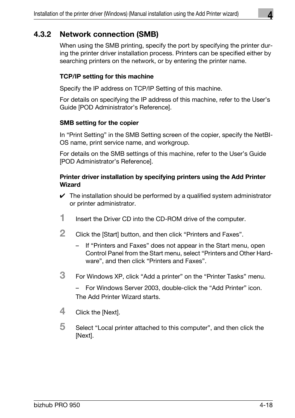 2 network connection (smb), Tcp/ip setting for this machine, Smb setting for the copier | Network connection (smb) -18 | Konica Minolta bizhub PRO 950 User Manual | Page 50 / 320