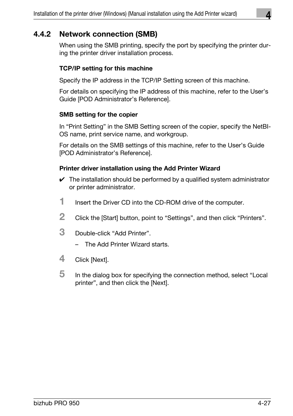 2 network connection (smb), Tcp/ip setting for this machine, Smb setting for the copier | Network connection (smb) -27 | Konica Minolta bizhub PRO 950 User Manual | Page 59 / 320