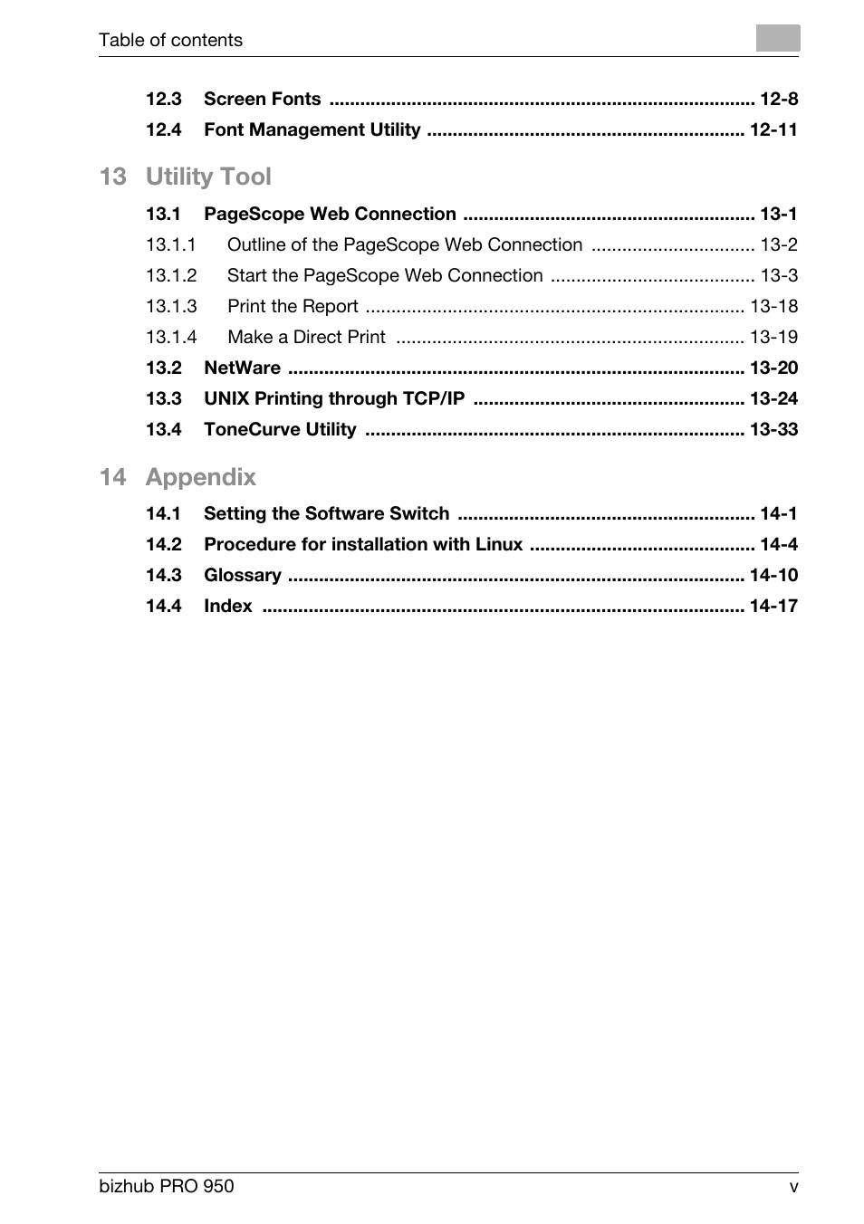 13 utility tool, 14 appendix | Konica Minolta bizhub PRO 950 User Manual | Page 6 / 320