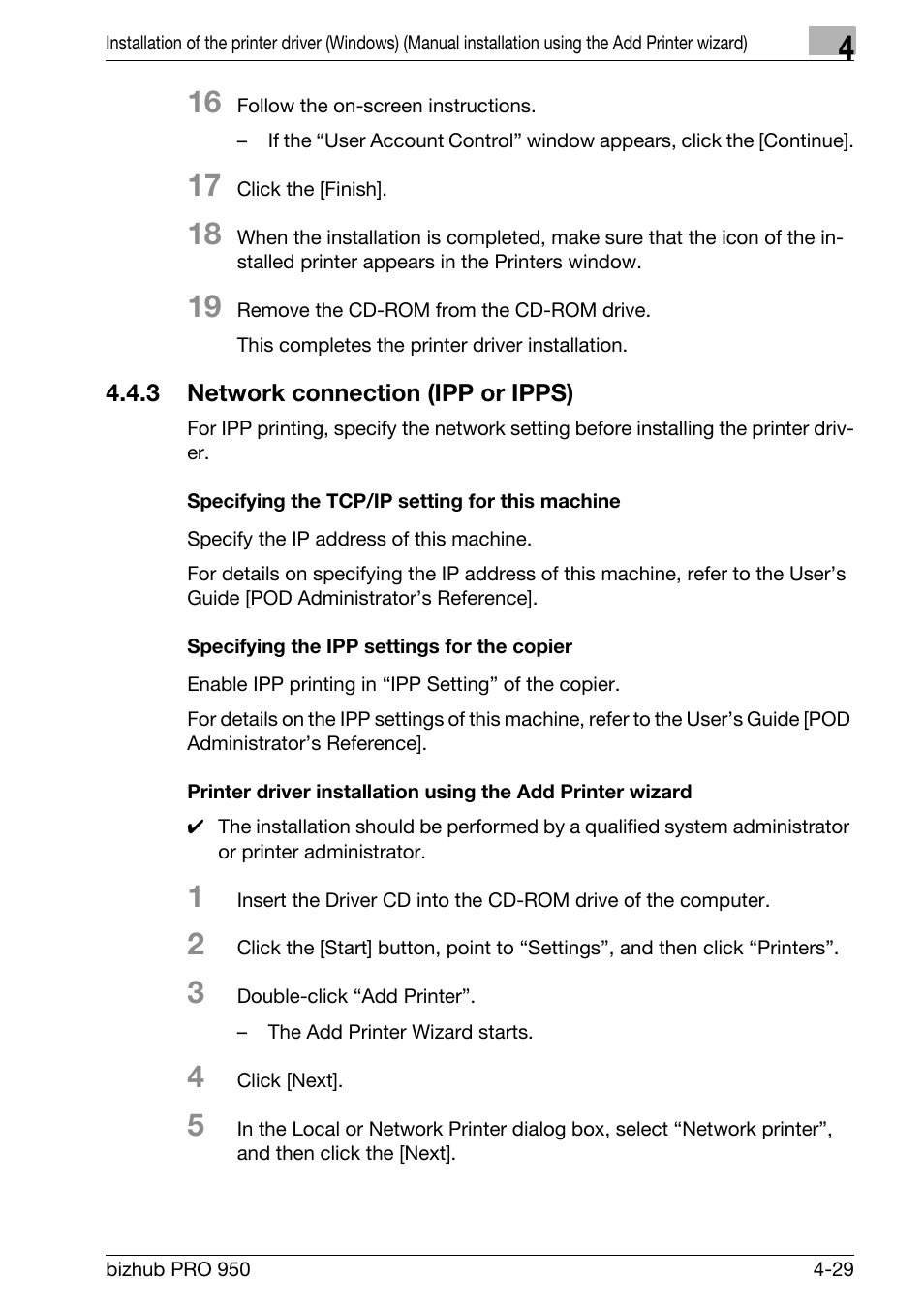 3 network connection (ipp or ipps), Specifying the tcp/ip setting for this machine, Specifying the ipp settings for the copier | Network connection (ipp or ipps) -29 | Konica Minolta bizhub PRO 950 User Manual | Page 61 / 320