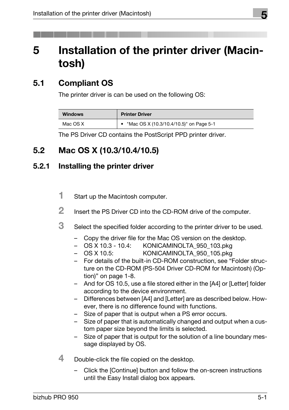 5 installation of the printer driver (macintosh), 1 compliant os, 2 mac os x (10.3/10.4/10.5) | 1 installing the printer driver, Installation of the printer driver (macintosh), Compliant os -1, Mac os x (10.3/10.4/10.5) -1, Installing the printer driver -1, 5installation of the printer driver (macin- tosh) | Konica Minolta bizhub PRO 950 User Manual | Page 65 / 320