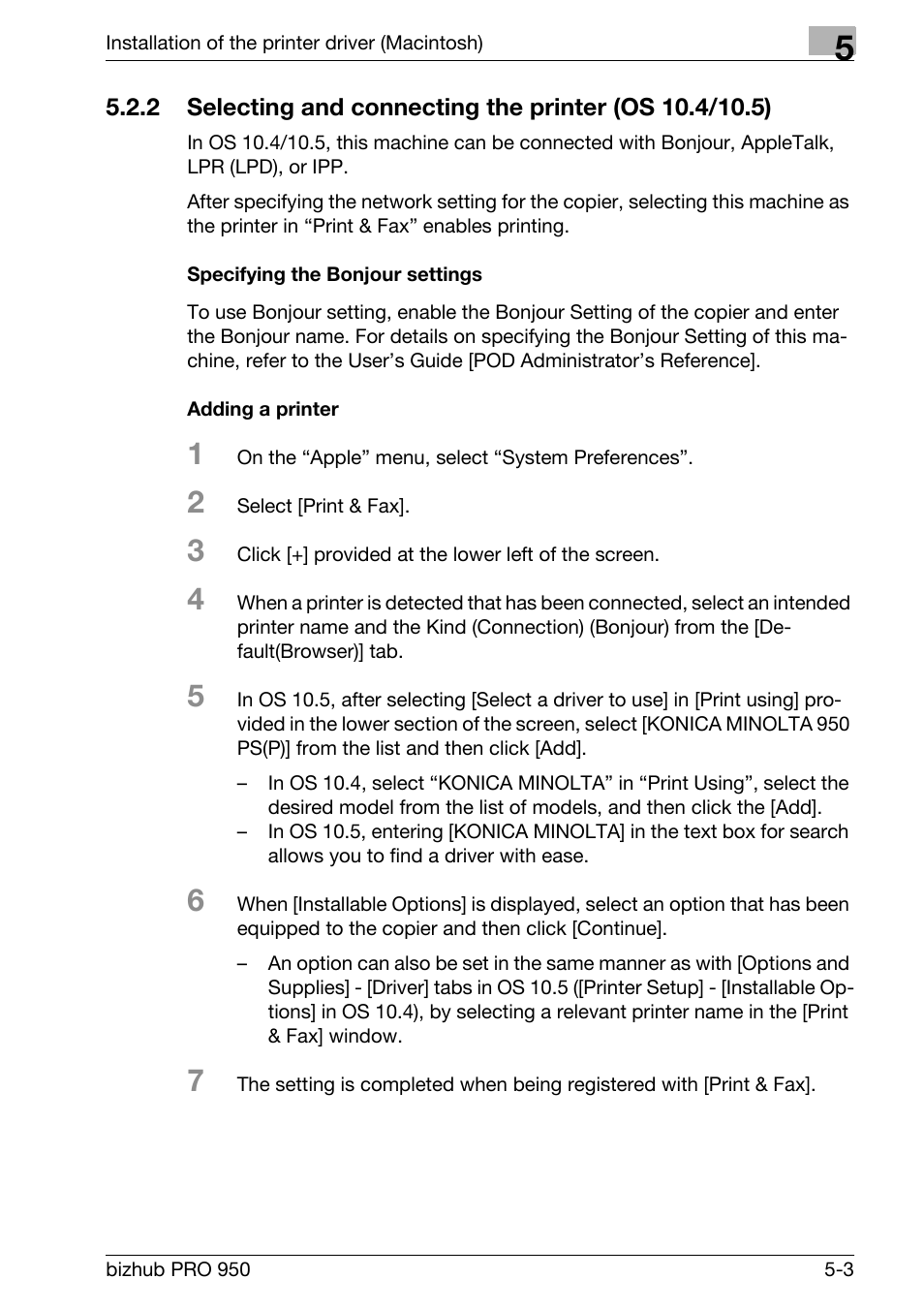 Specifying the bonjour settings, Adding a printer | Konica Minolta bizhub PRO 950 User Manual | Page 67 / 320