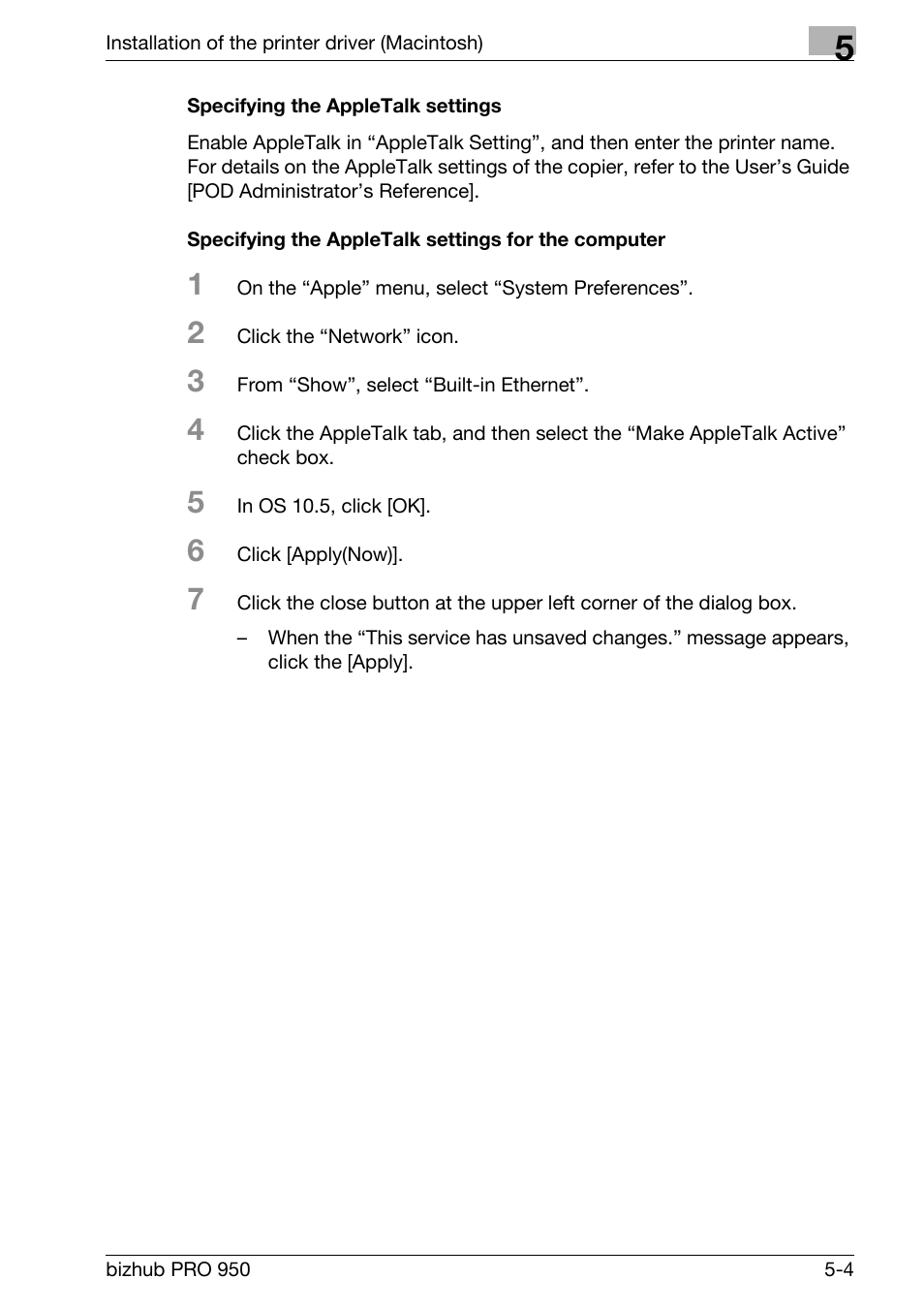 Specifying the appletalk settings, Specifying the appletalk settings for the computer | Konica Minolta bizhub PRO 950 User Manual | Page 68 / 320