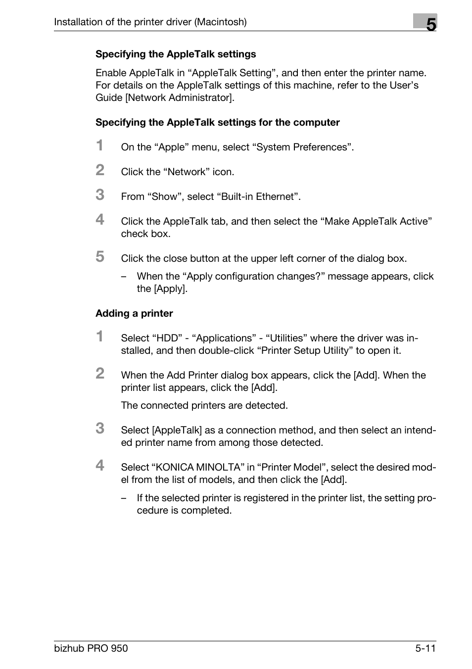 Specifying the appletalk settings, Specifying the appletalk settings for the computer, Adding a printer | Konica Minolta bizhub PRO 950 User Manual | Page 75 / 320