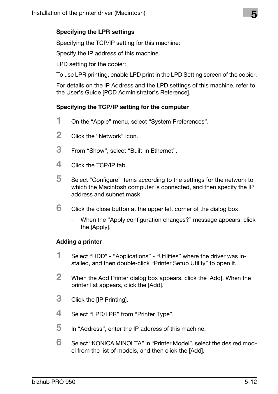 Specifying the lpr settings, Specifying the tcp/ip setting for the computer, Adding a printer | Konica Minolta bizhub PRO 950 User Manual | Page 76 / 320