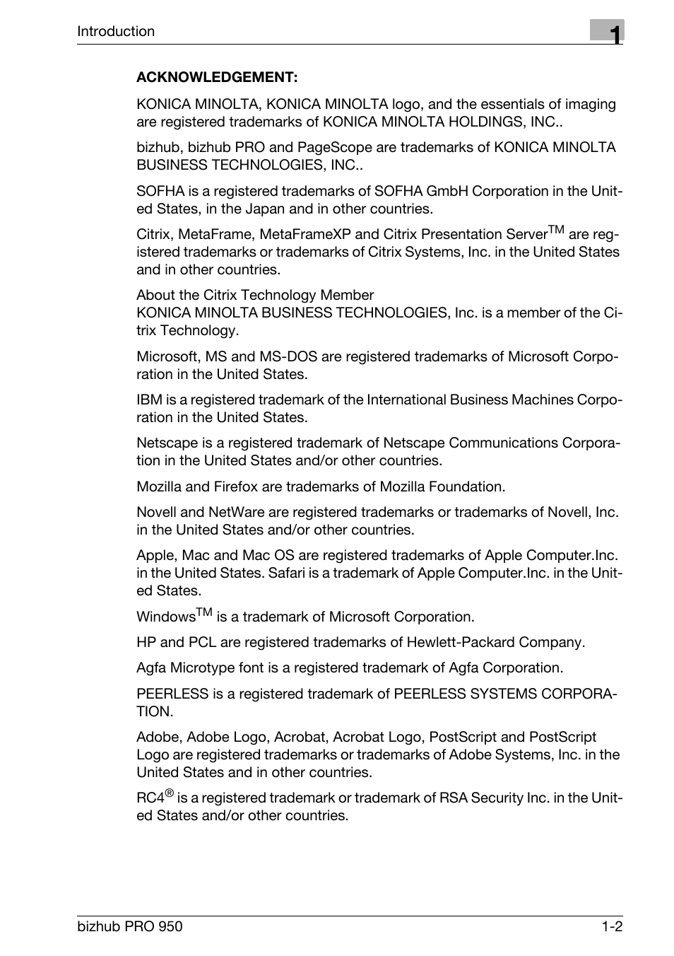 Acknowledgement | Konica Minolta bizhub PRO 950 User Manual | Page 8 / 320