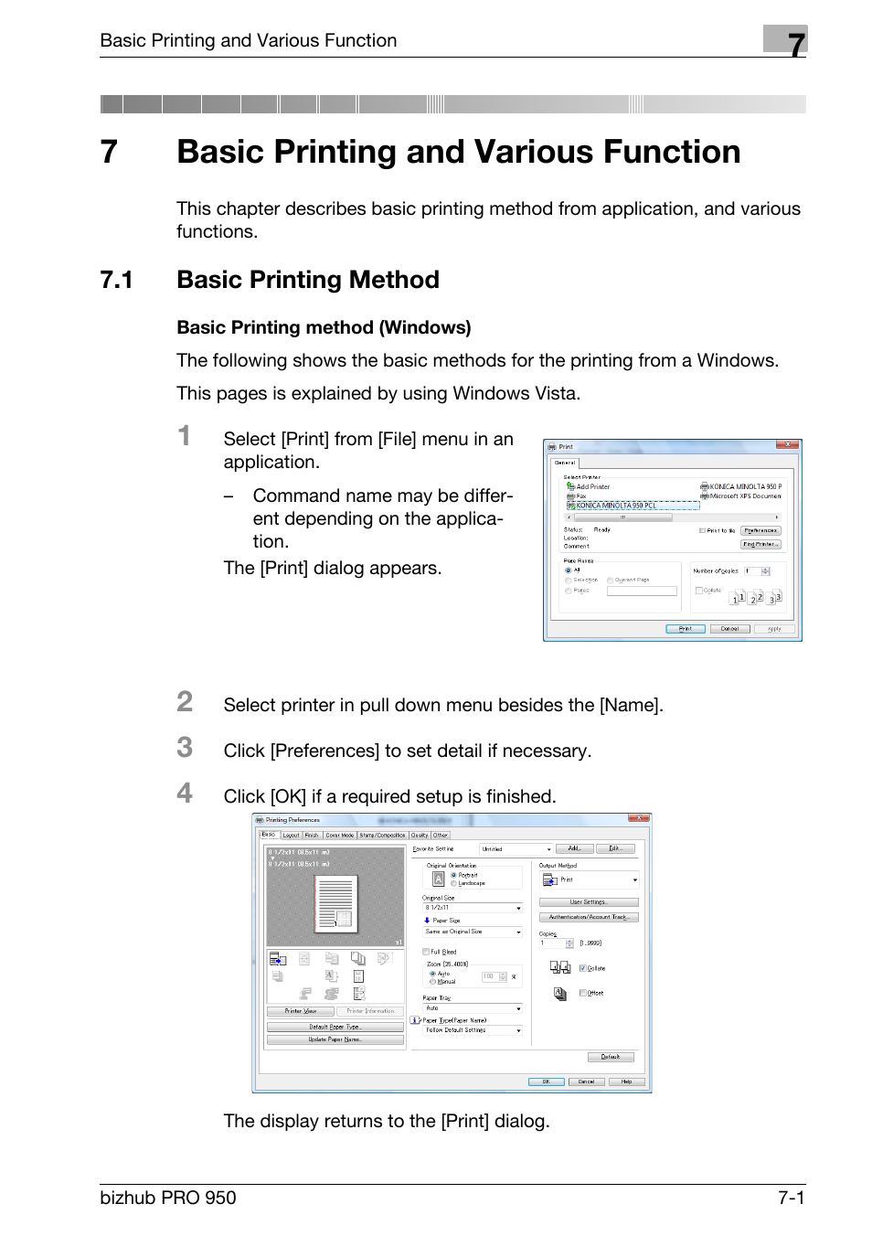 7 basic printing and various function, 1 basic printing method, Basic printing method (windows) | Basic printing and various function, Basic printing method -1, Chapter 7 basic printing and various func- tion, 7basic printing and various function | Konica Minolta bizhub PRO 950 User Manual | Page 86 / 320
