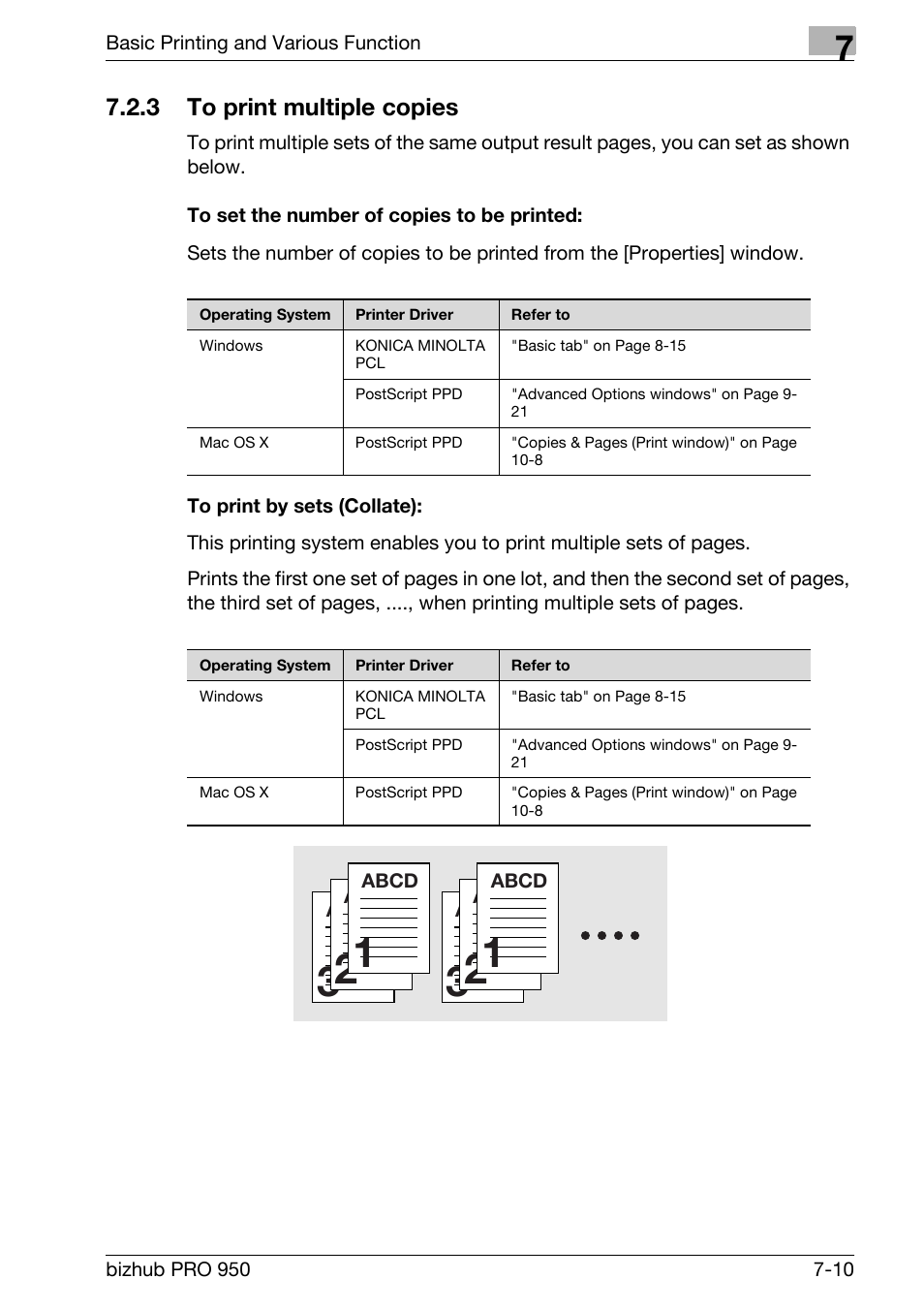 3 to print multiple copies, To set the number of copies to be printed, To print by sets (collate) | To print multiple copies -10 | Konica Minolta bizhub PRO 950 User Manual | Page 95 / 320