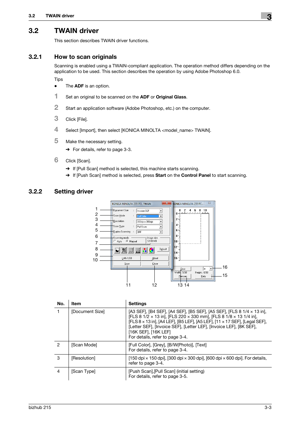 2 twain driver, 1 how to scan originals, 2 setting driver | Twain driver -3, How to scan originals -3, Setting driver -3 | Konica Minolta Bizhub 215 User Manual | Page 18 / 91