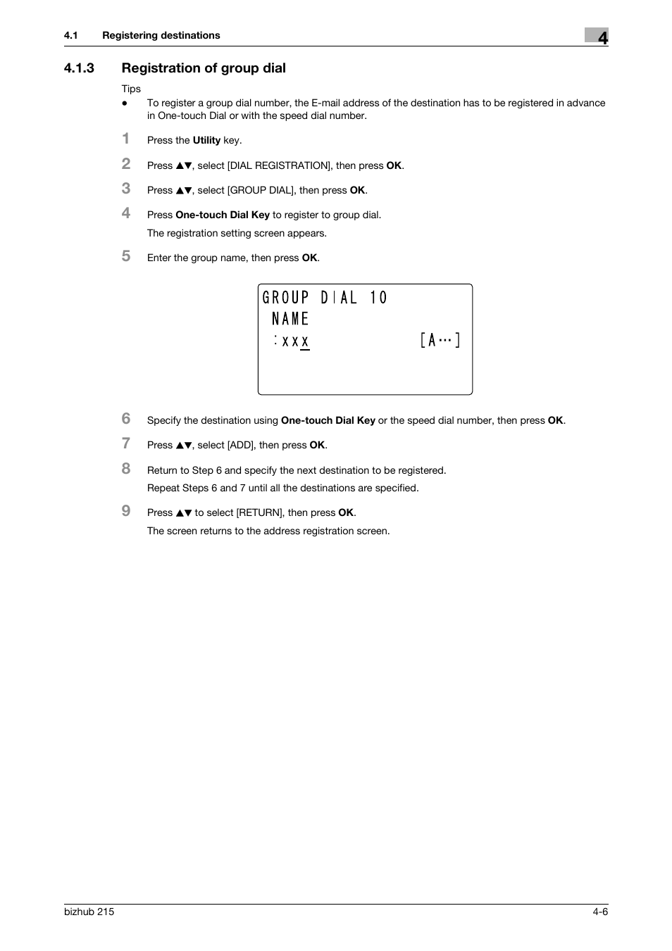 3 registration of group dial, Registration of group dial -6 | Konica Minolta Bizhub 215 User Manual | Page 32 / 91