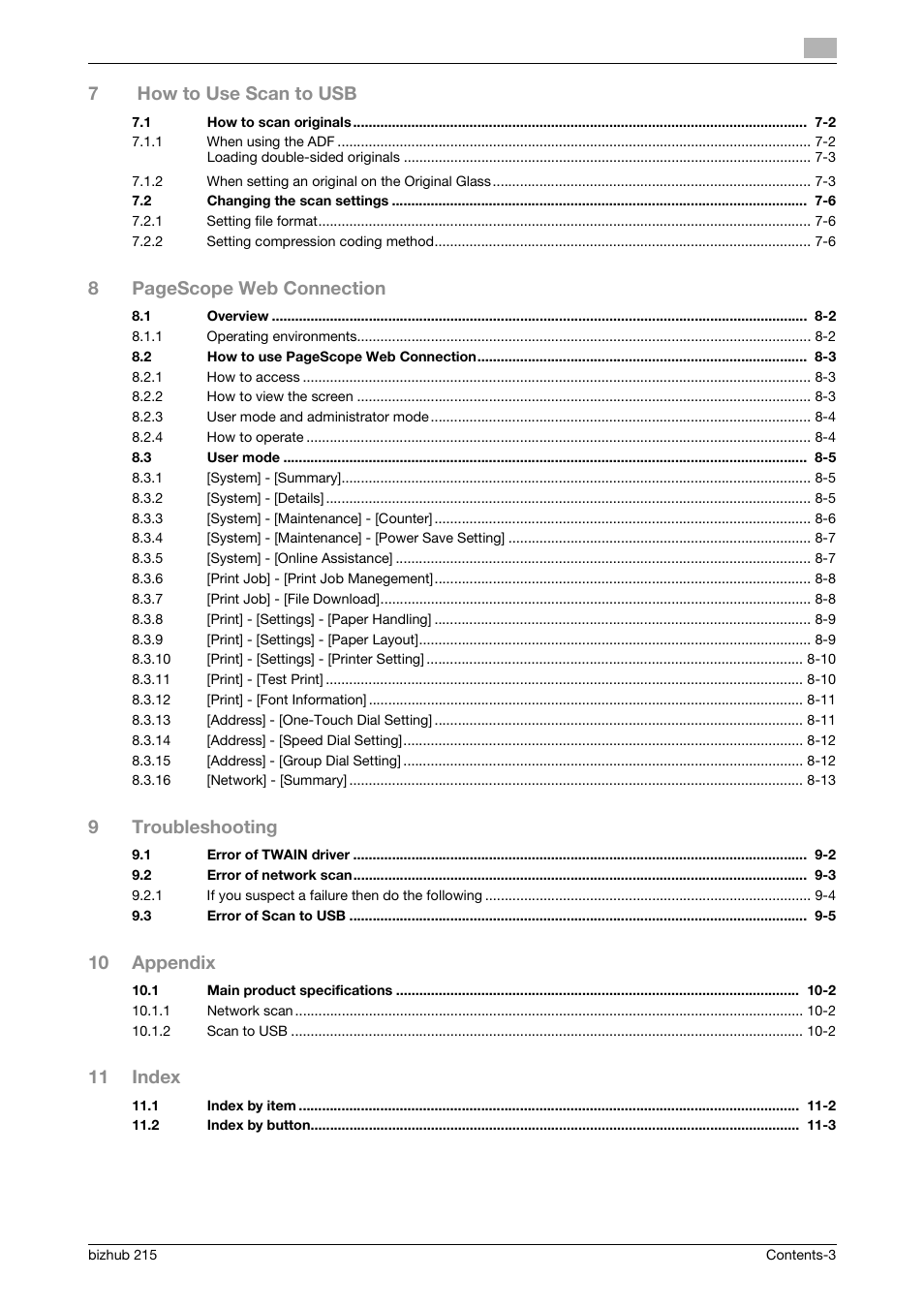 7how to use scan to usb, 8pagescope web connection, 9troubleshooting | 10 appendix, 11 index | Konica Minolta Bizhub 215 User Manual | Page 4 / 91