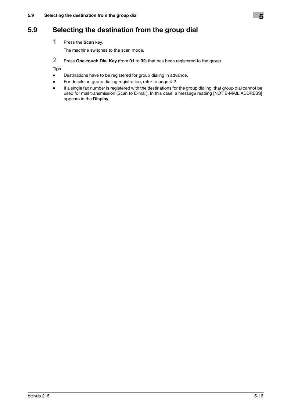 9 selecting the destination from the group dial, Selecting the destination from the group dial -16, 9 selecting the destination from the group dial 1 | Konica Minolta Bizhub 215 User Manual | Page 50 / 91