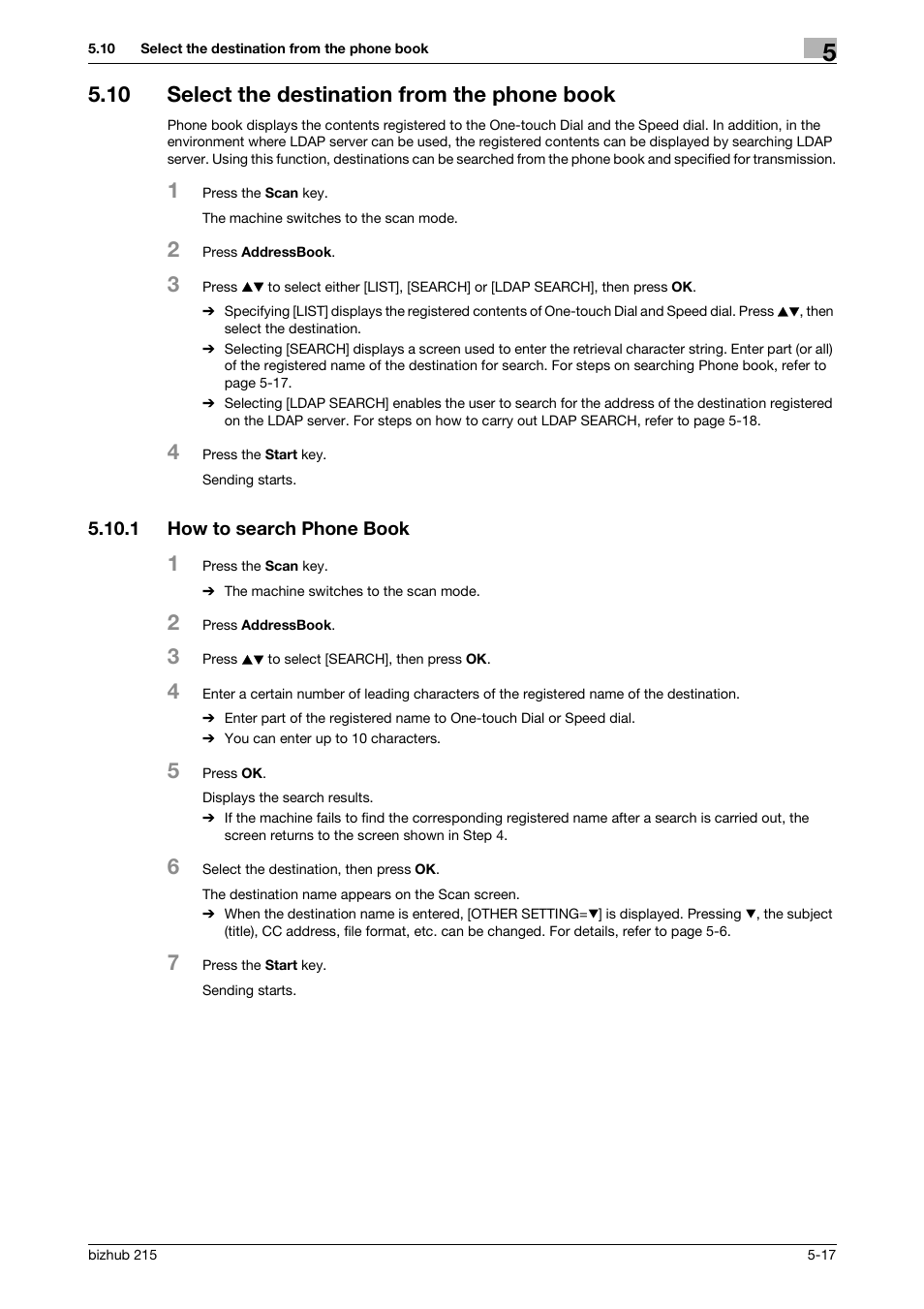 10 select the destination from the phone book, 1 how to search phone book, Select the destination from the phone book -17 | How to search phone book -17 | Konica Minolta Bizhub 215 User Manual | Page 51 / 91