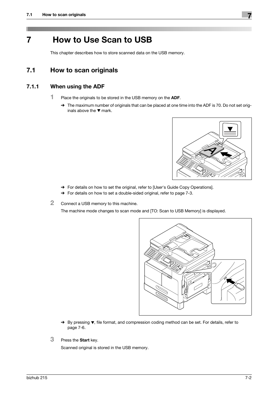7 how to use scan to usb, 1 how to scan originals, 1 when using the adf | How to use scan to usb, How to scan originals -2, When using the adf -2, 7how to use scan to usb | Konica Minolta Bizhub 215 User Manual | Page 62 / 91