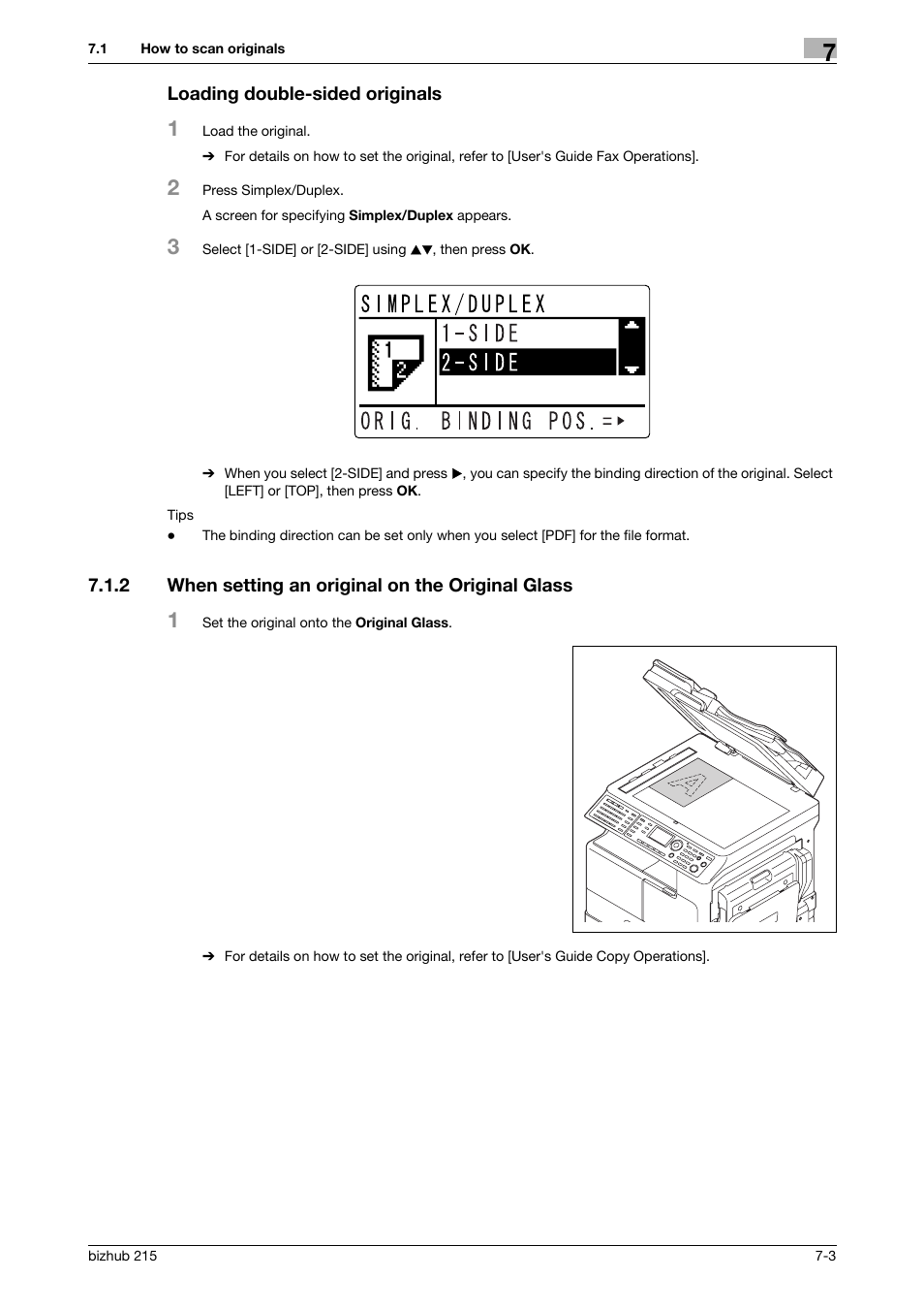 Loading double-sided originals, 2 when setting an original on the original glass, Loading double-sided originals -3 | When setting an original on the original glass -3 | Konica Minolta Bizhub 215 User Manual | Page 63 / 91