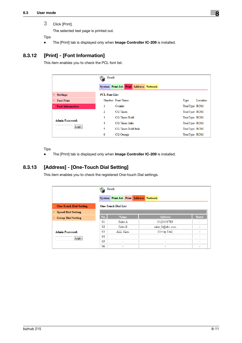 12 [print] - [font information, 13 [address] - [one-touch dial setting, Print] - [font information] -11 | Address] - [one-touch dial setting] -11 | Konica Minolta Bizhub 215 User Manual | Page 77 / 91