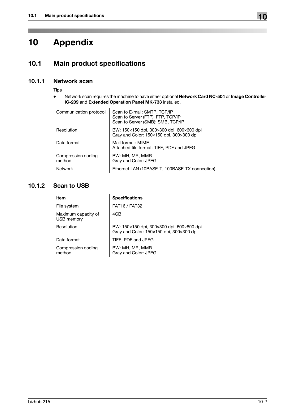 10 appendix, 1 main product specifications, 1 network scan | 2 scan to usb, Appendix, Main product specifications -2, Network scan -2, Scan to usb -2 | Konica Minolta Bizhub 215 User Manual | Page 86 / 91
