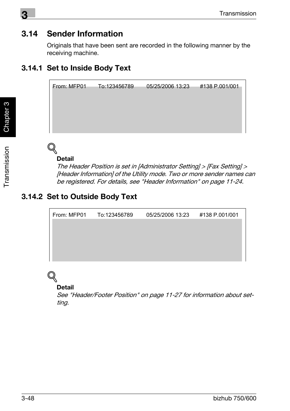 14 sender information, 1 set to inside body text, 2 set to outside body text | Sender information -48, Set to inside body text -48, Set to outside body text -48 | Konica Minolta FK-502 User Manual | Page 107 / 458