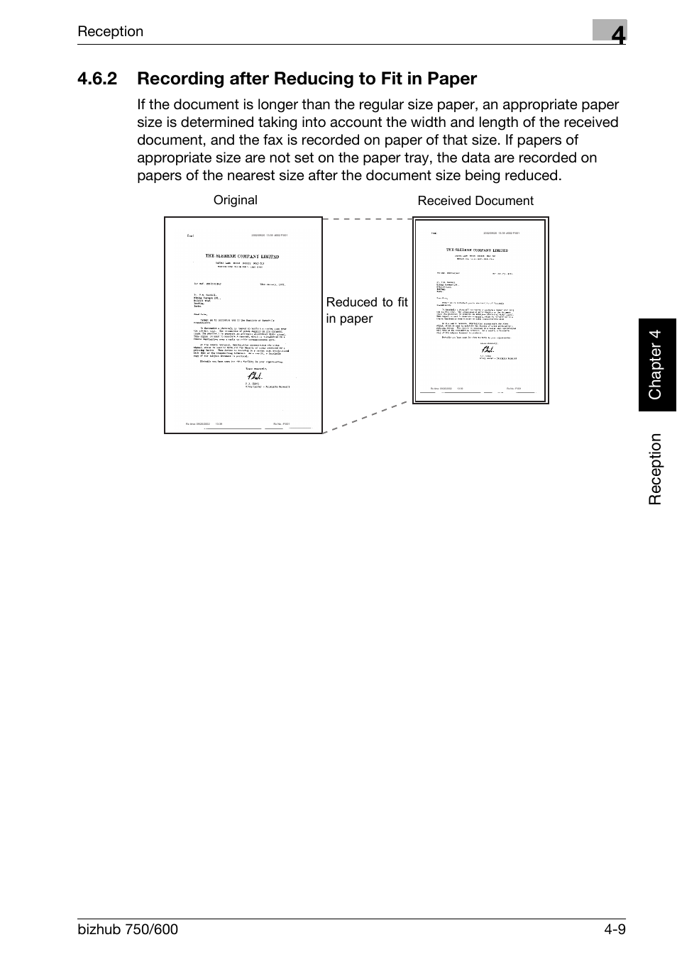 2 recording after reducing to fit in paper, Recording after reducing to fit in paper -9, Reception chapter 4 | Konica Minolta FK-502 User Manual | Page 118 / 458