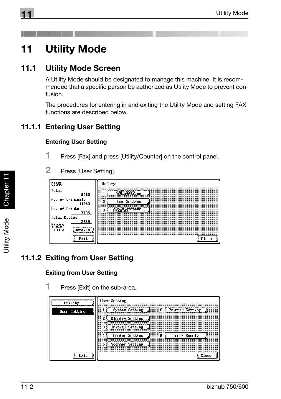 11 utility mode, 1 utility mode screen, 1 entering user setting | Entering user setting, 2 exiting from user setting, Exiting from user setting, Utility mode screen -2, Entering user setting -2, Exiting from user setting -2 | Konica Minolta FK-502 User Manual | Page 271 / 458