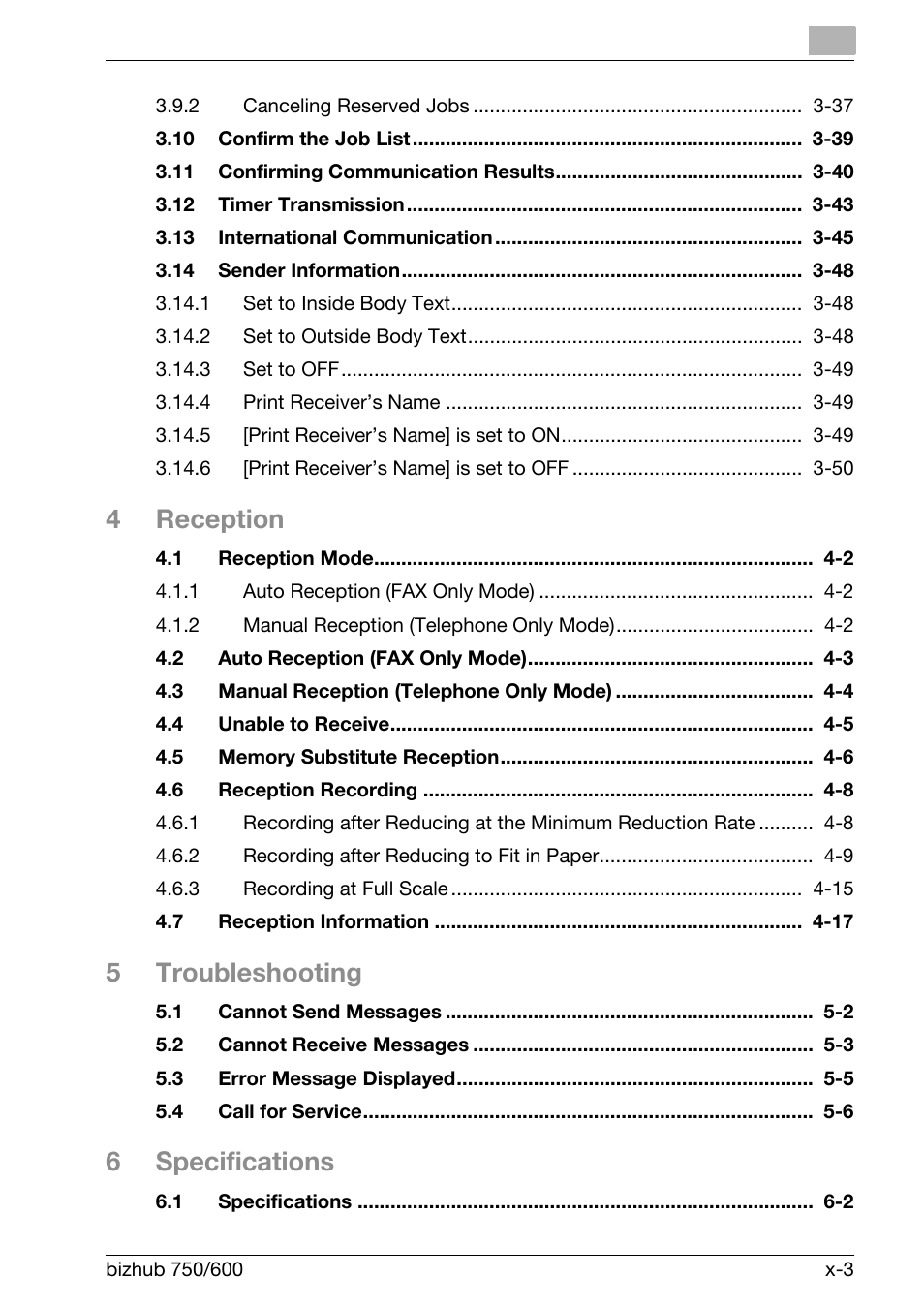 4reception, 5troubleshooting, 6specifications | Konica Minolta FK-502 User Manual | Page 4 / 458